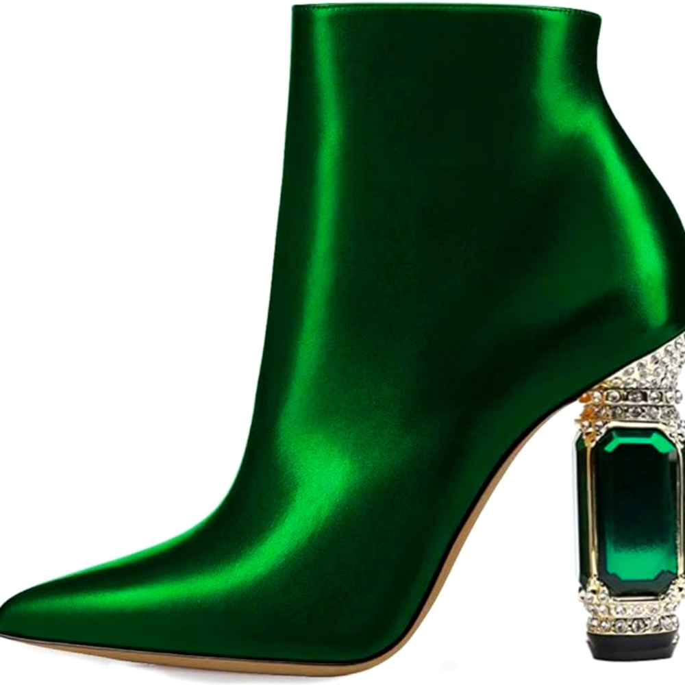 Beautiful Green Bejeweled Heel Ankle Boots